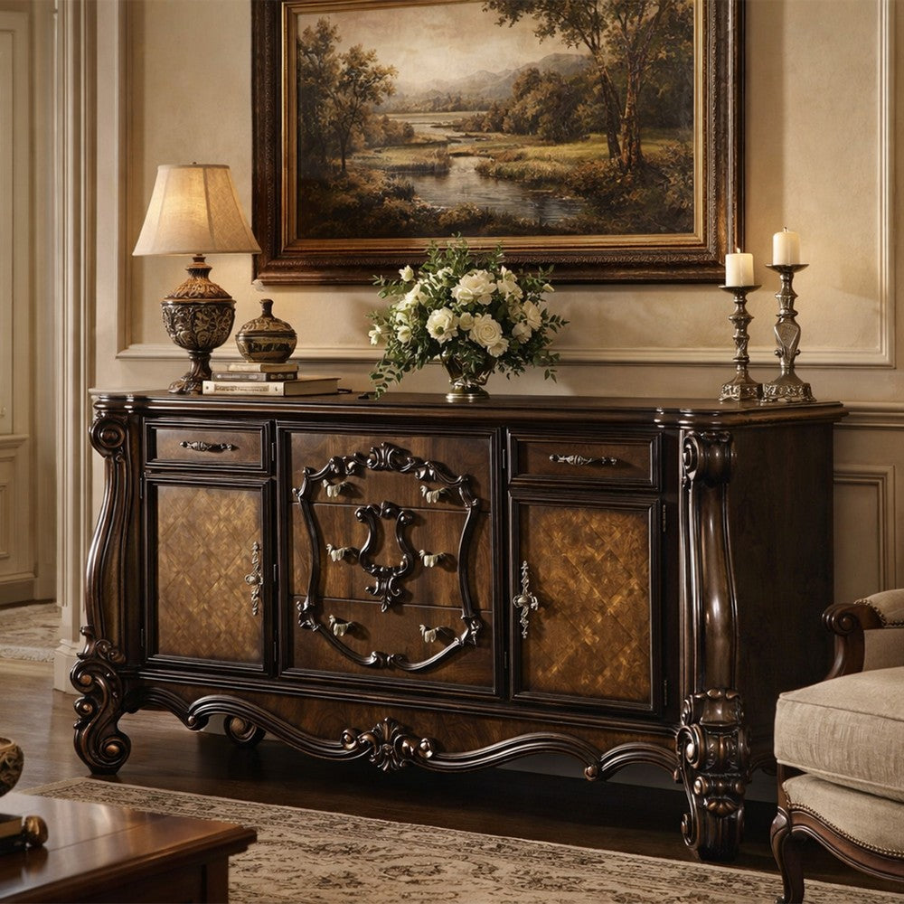 Traditional Wooden Dresser with 5 Drawers and 2 Cabinets, Brown
