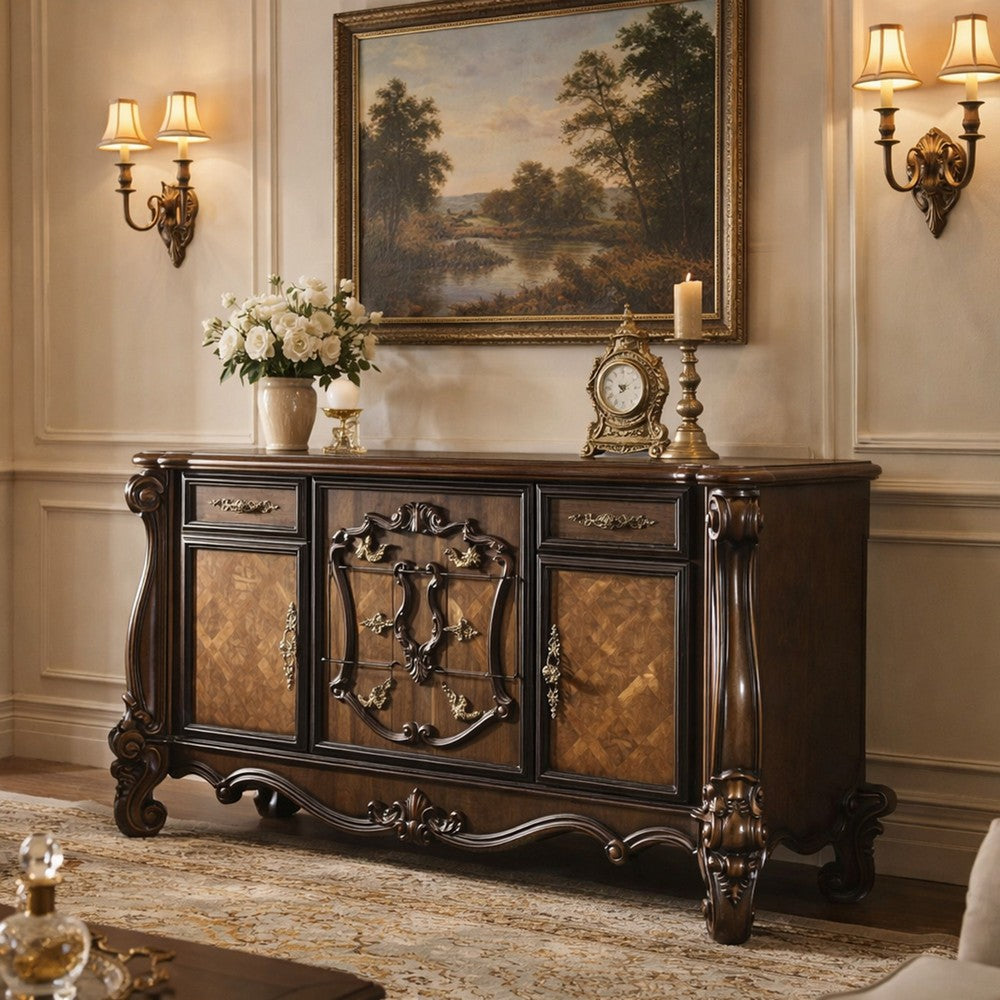 Traditional Wooden Dresser with 5 Drawers and 2 Cabinets, Brown