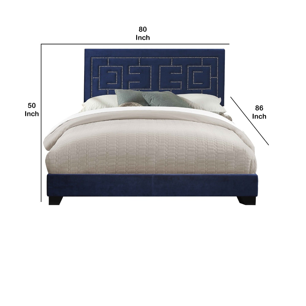 Nailhead Trim Fabric Upholstered Eastern King Bed Dark Blue By Casagear Home BM218459