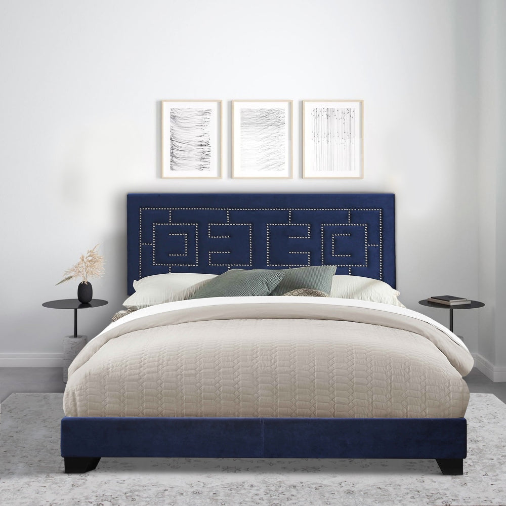 Nailhead Trim Fabric Upholstered Eastern King Bed, Dark Blue By Casagear Home