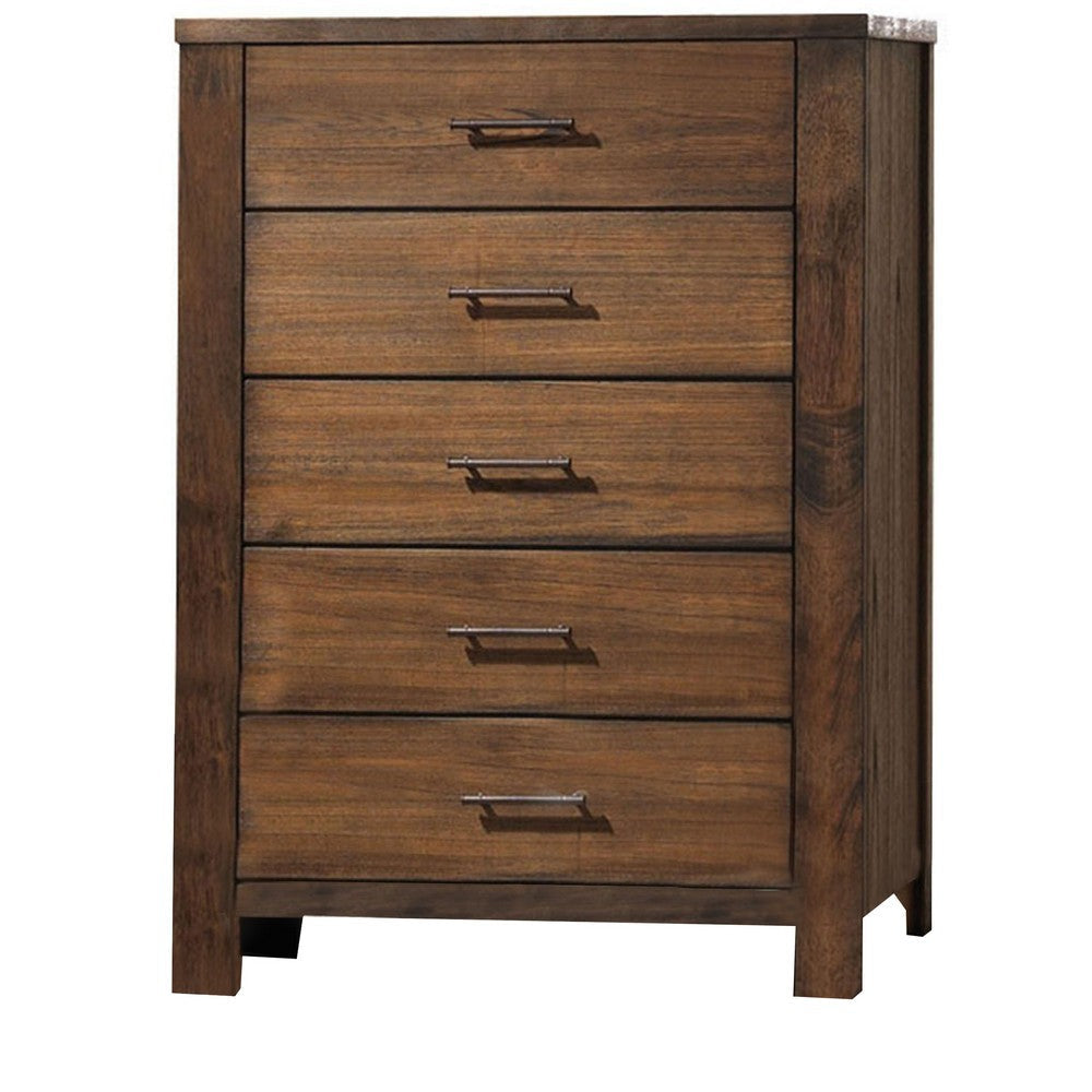 Wood Tall Dresser Chest | 5 Drawer | Metal Bar Handles | Block Legs | Brown