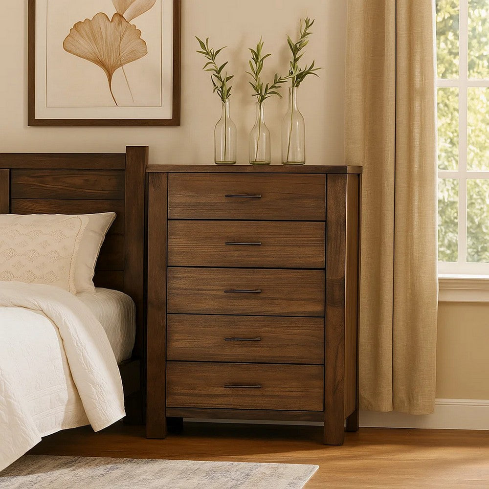 Wood Tall Dresser Chest | 5 Drawer | Metal Bar Handles | Block Legs | Brown