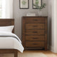 Wood Tall Dresser Chest | 5 Drawer | Metal Bar Handles | Block Legs | Brown