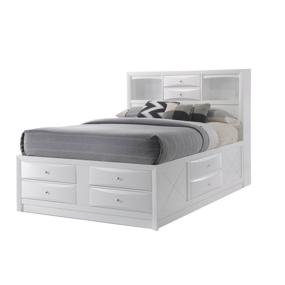 Eight Drawer Full Size Storage Bed with Bookcase Headboard, White