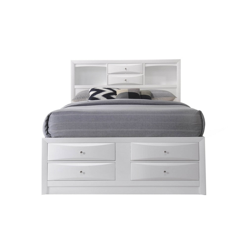 Eight Drawer Full Size Storage Bed with Bookcase Headboard, White