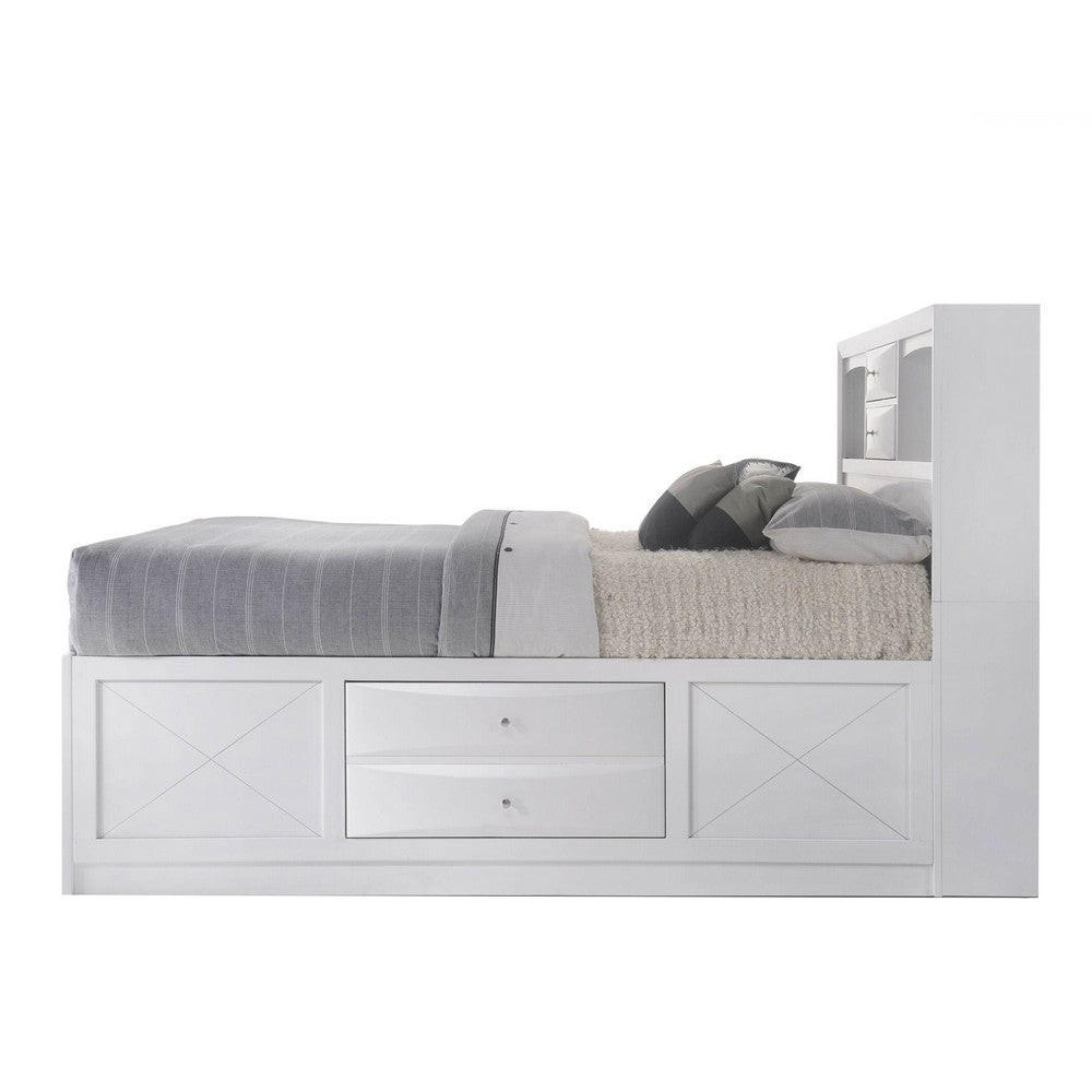 Eight Drawer Full Size Storage Bed with Bookcase Headboard, White