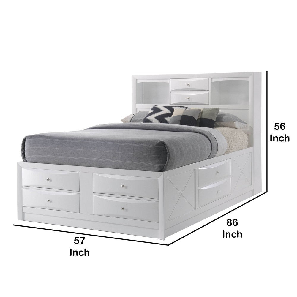 Eight Drawer Full Size Storage Bed with Bookcase Headboard White By Casagear Home BM218462