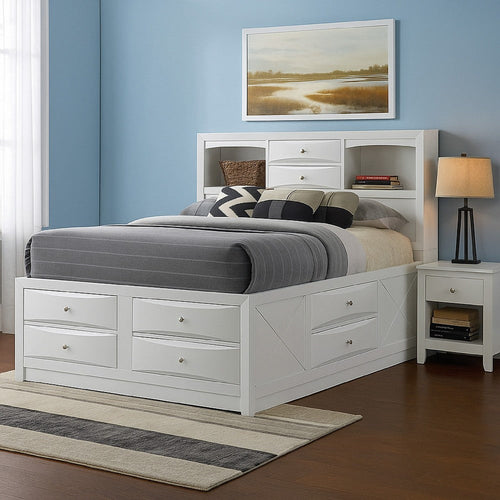 Storage Bed | Full Size | 8 Drawer | Bookcase Headboard | White