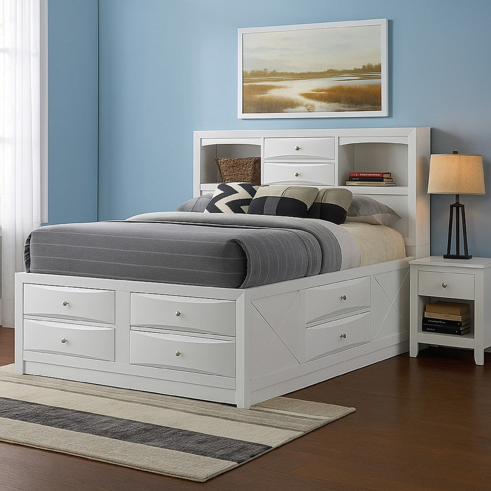 Storage Bed | Full Size | 8 Drawer | Bookcase Headboard | White
