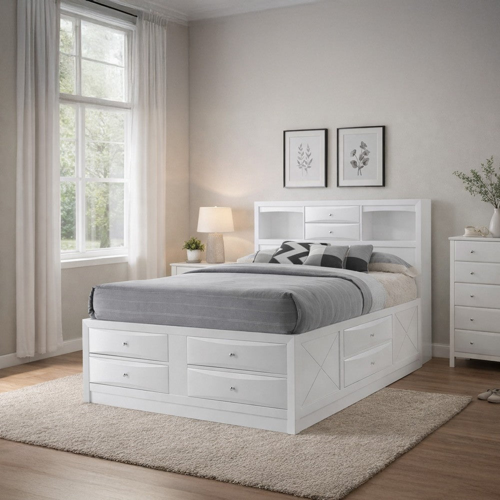 Eight Drawer Full Size Storage Bed with Bookcase Headboard, White