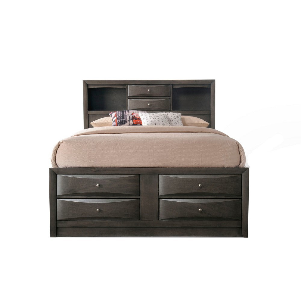 Panel Design Eastern King Size Bed with Bookcase and Drawers, Taupe Brown