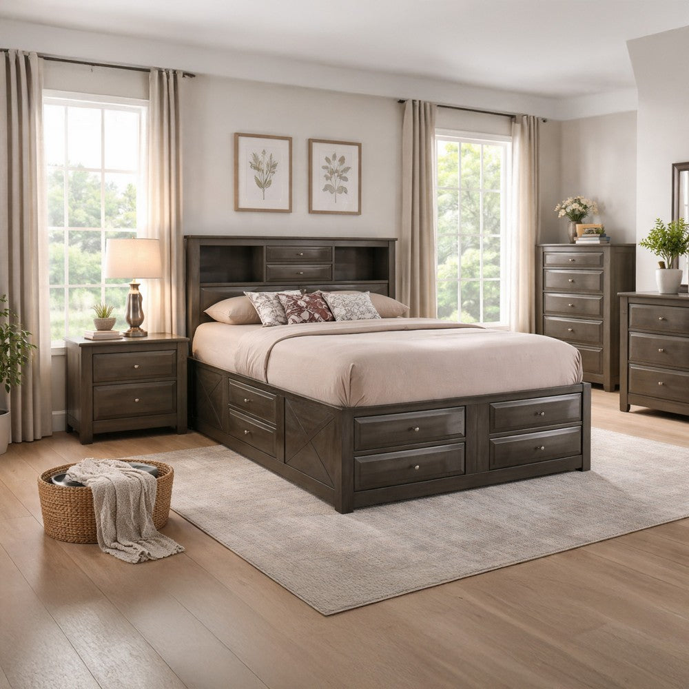 Panel Design Eastern King Size Bed with Bookcase and Drawers, Taupe Brown