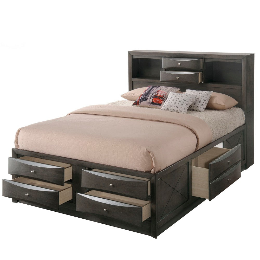 Panel Design Full Size Bed with Bookcase and Drawers Gray Oak