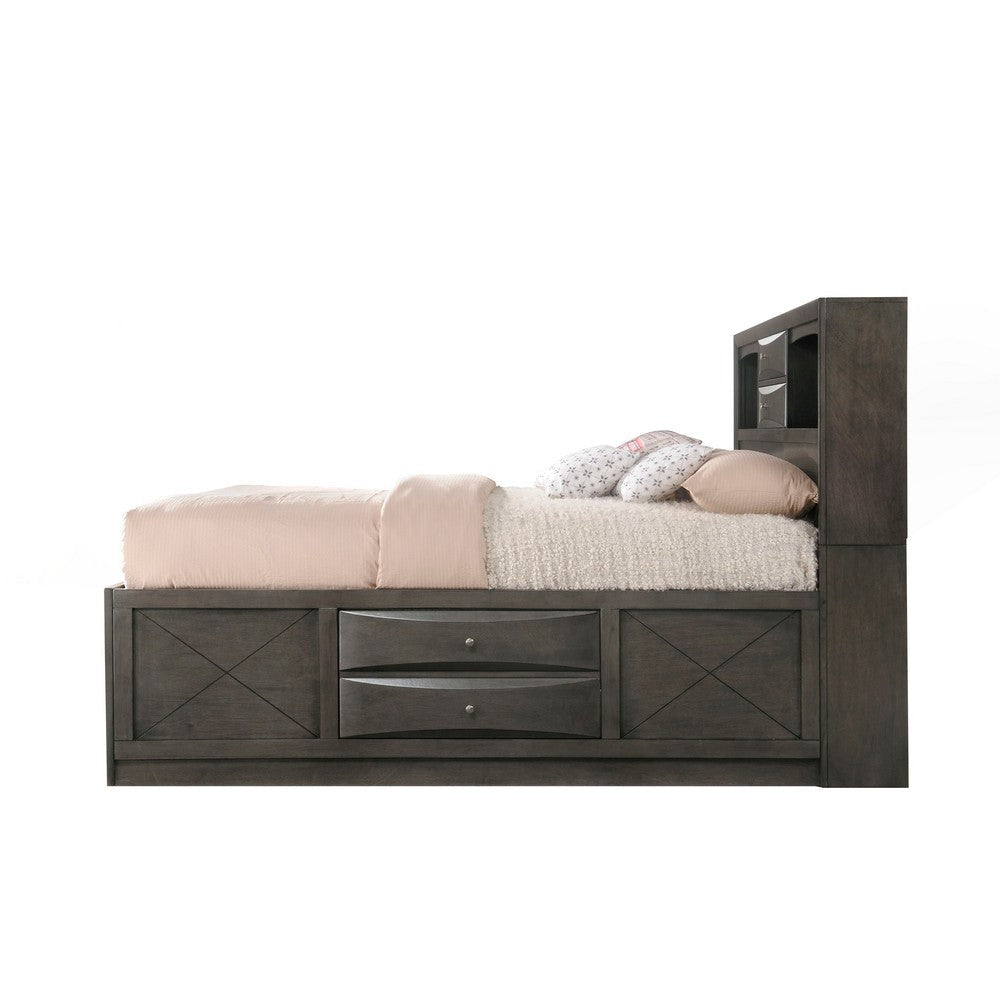 Panel Design Full Size Bed with Bookcase and Drawers Gray Oak