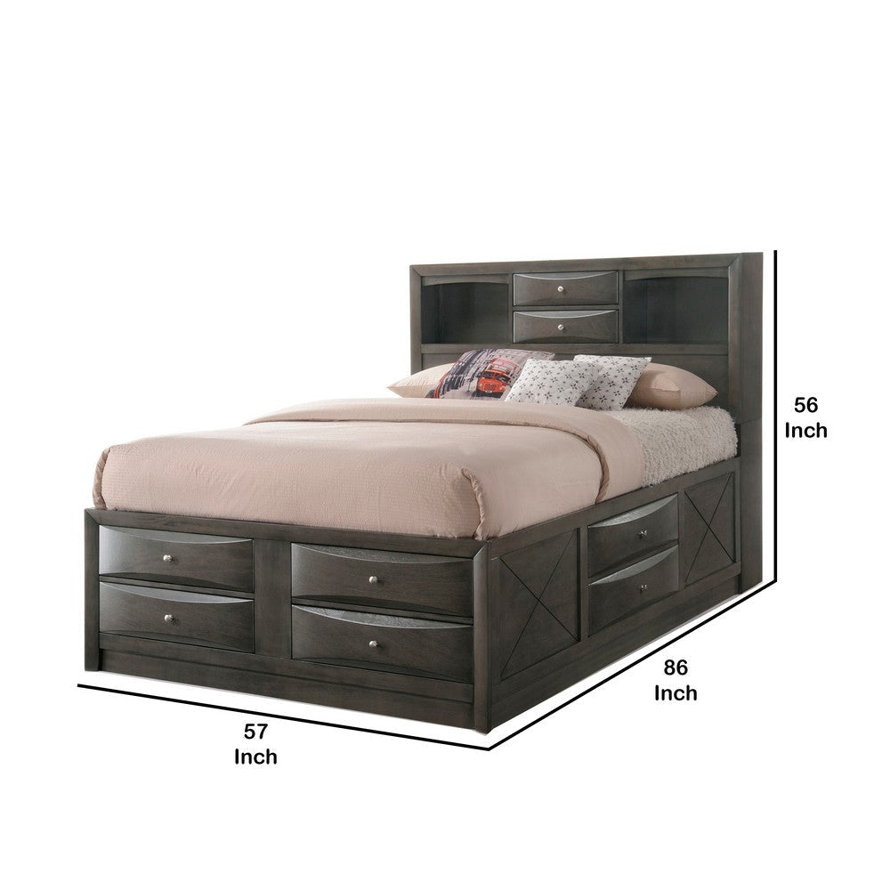 Panel Design Full Size Bed with Bookcase and Drawers Gray Oak