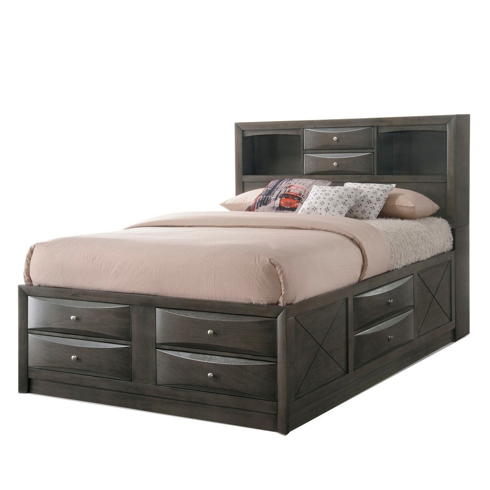 Panel Design Full Size Bed with Bookcase and Drawers Gray Oak