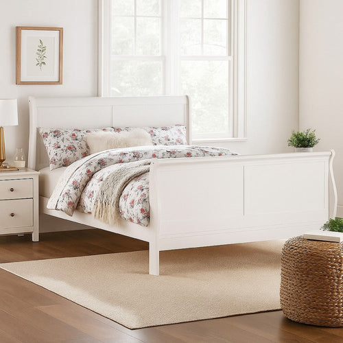Transitional Panel Design Sleigh Twin Size Bed, White