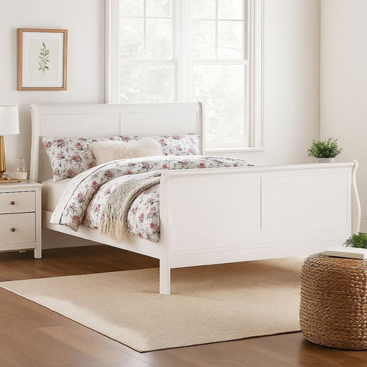 Transitional Panel Design Sleigh Twin Size Bed, White