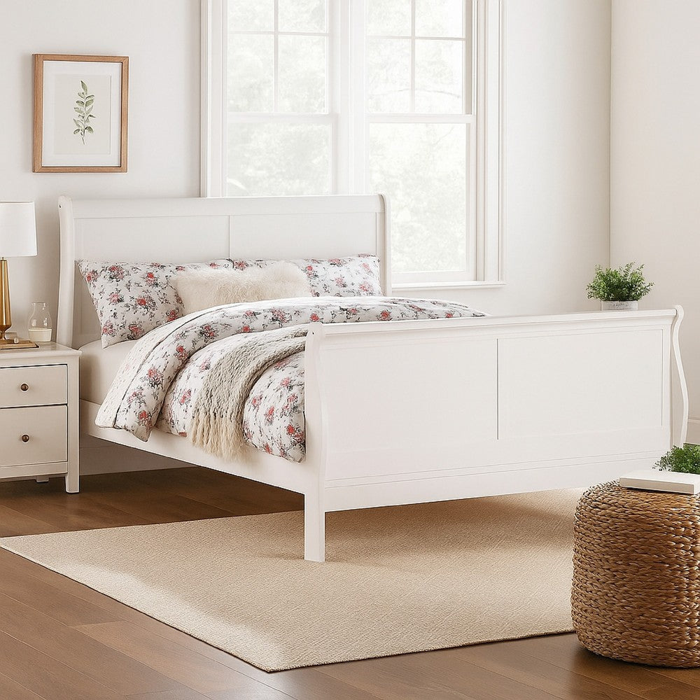 Transitional Panel Design Sleigh Twin Size Bed, White