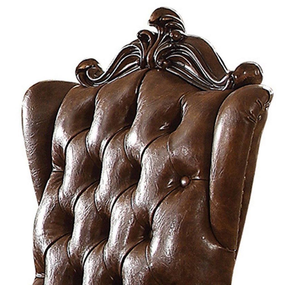 Wood Armchair | Button Tufted Backrest | Carved Details | Set of 2 | Brown
