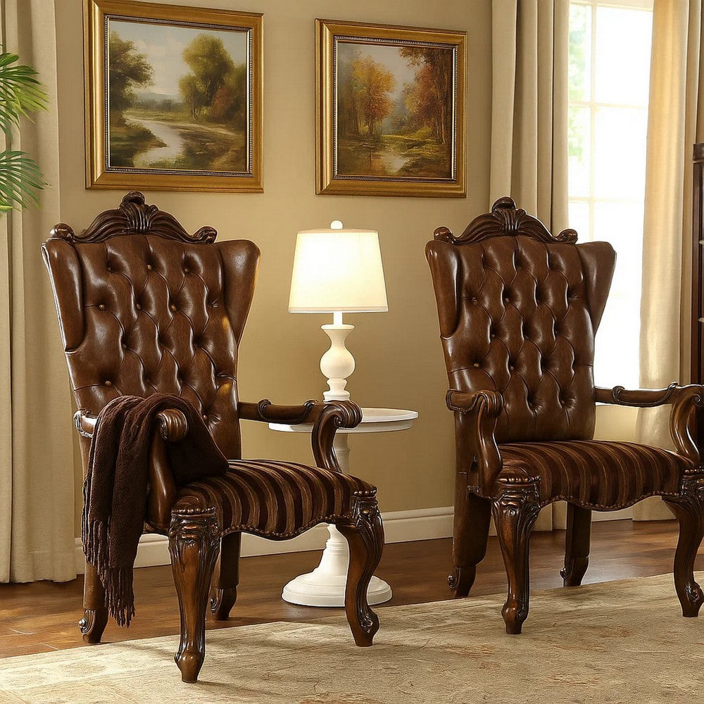 Wood Armchair | Button Tufted Backrest | Carved Details | Set of 2 | Brown