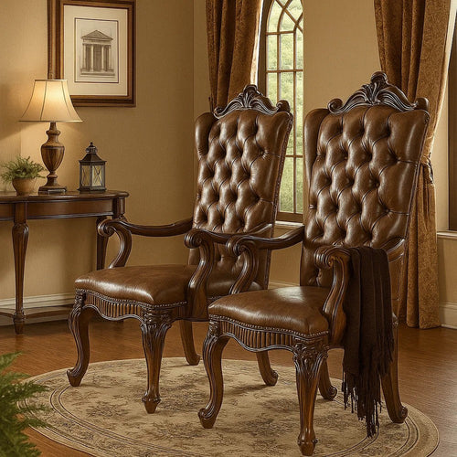 Wood Armchair | Button Tufted Backrest | Carved Details | Set of 2 | Brown