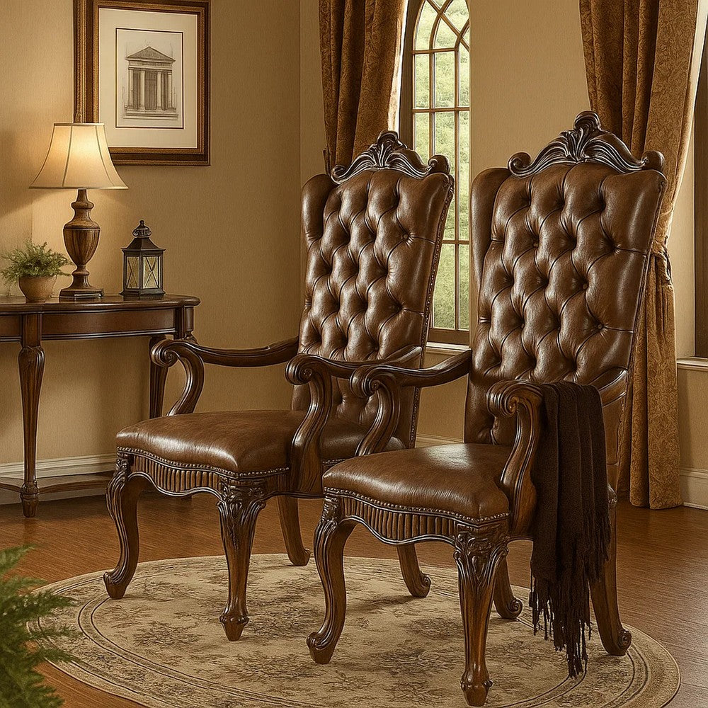 Wood Armchair | Button Tufted Backrest | Carved Details | Set of 2 | Brown