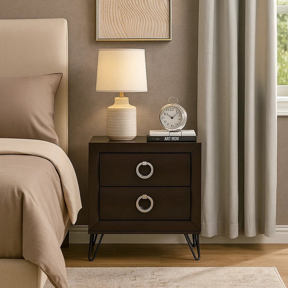 2 Drawer Wooden Nightstand with Metal Ring Handles and Harpin Legs, Brown