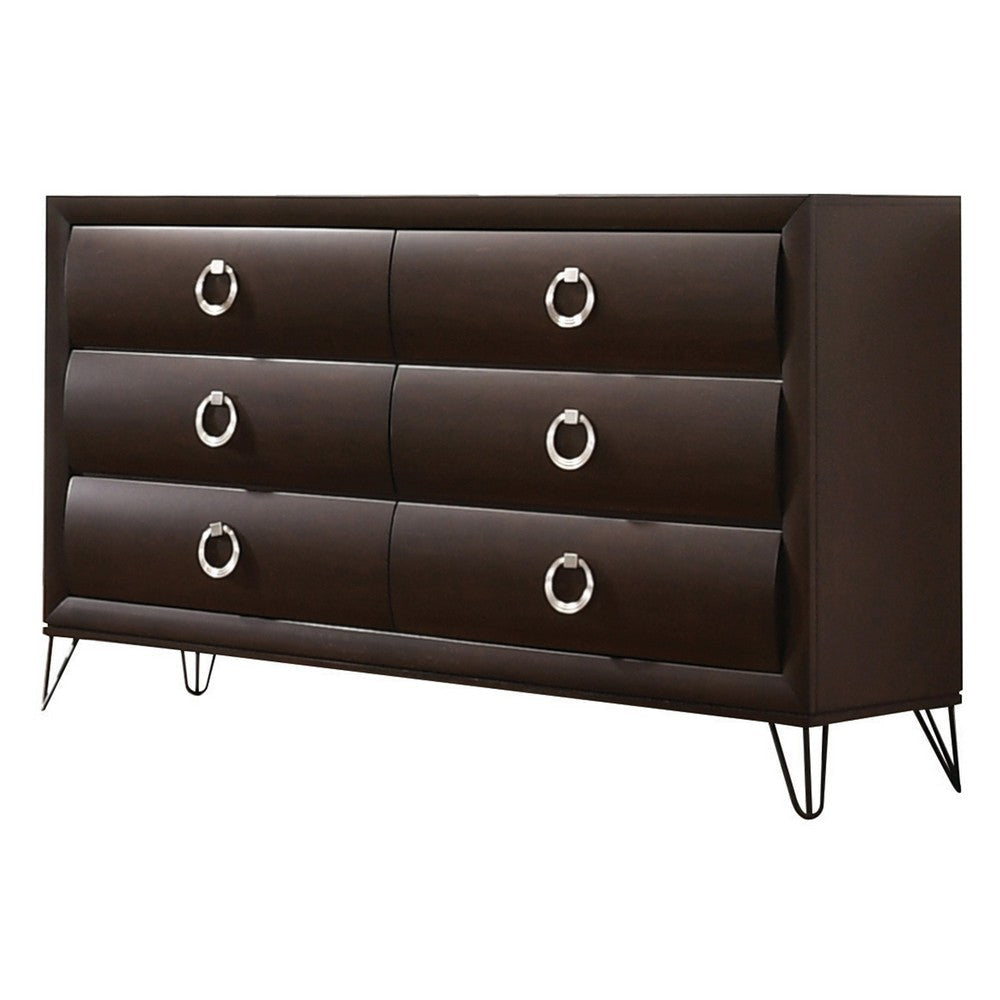 Wood Dresser | 6 Drawer | Metal Ring Handles | Harpin Legs | Brown