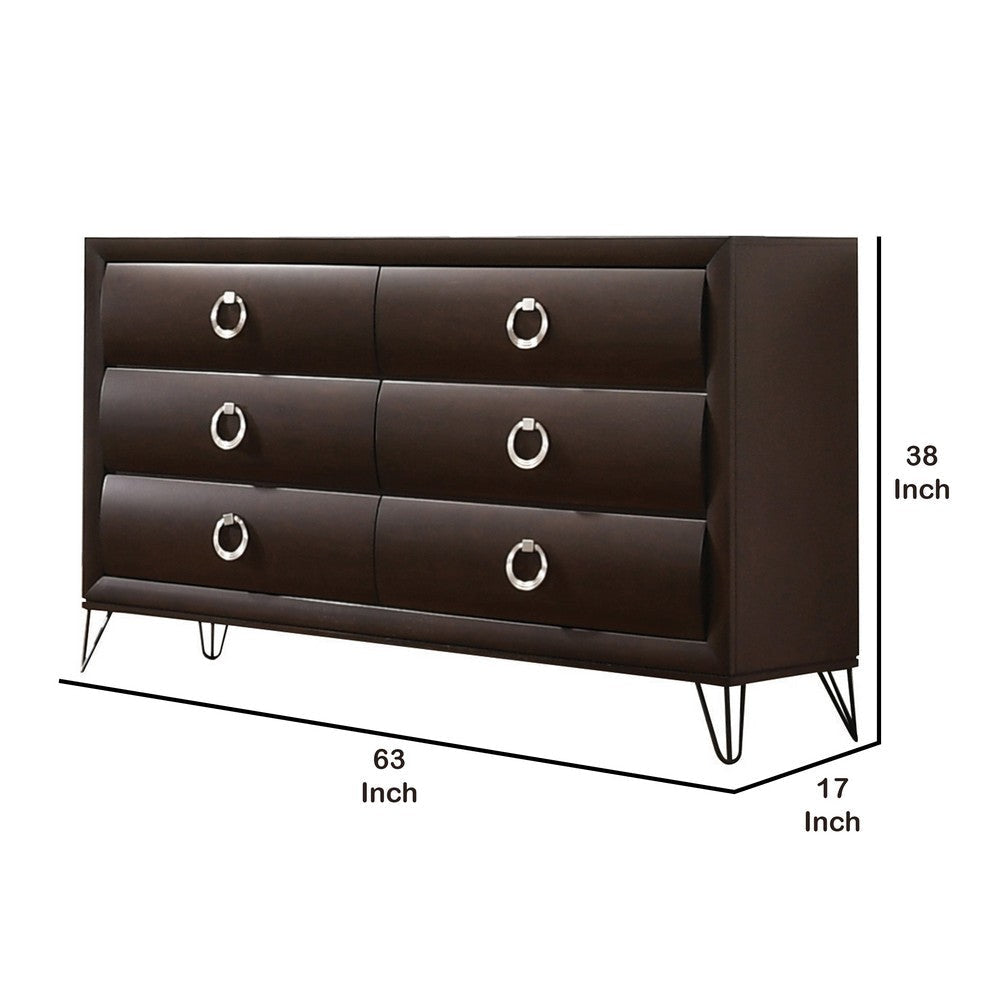 6 Drawer Wooden Dresser with Metal Ring Handles and Harpin Legs Brown By Casagear Home BM218512