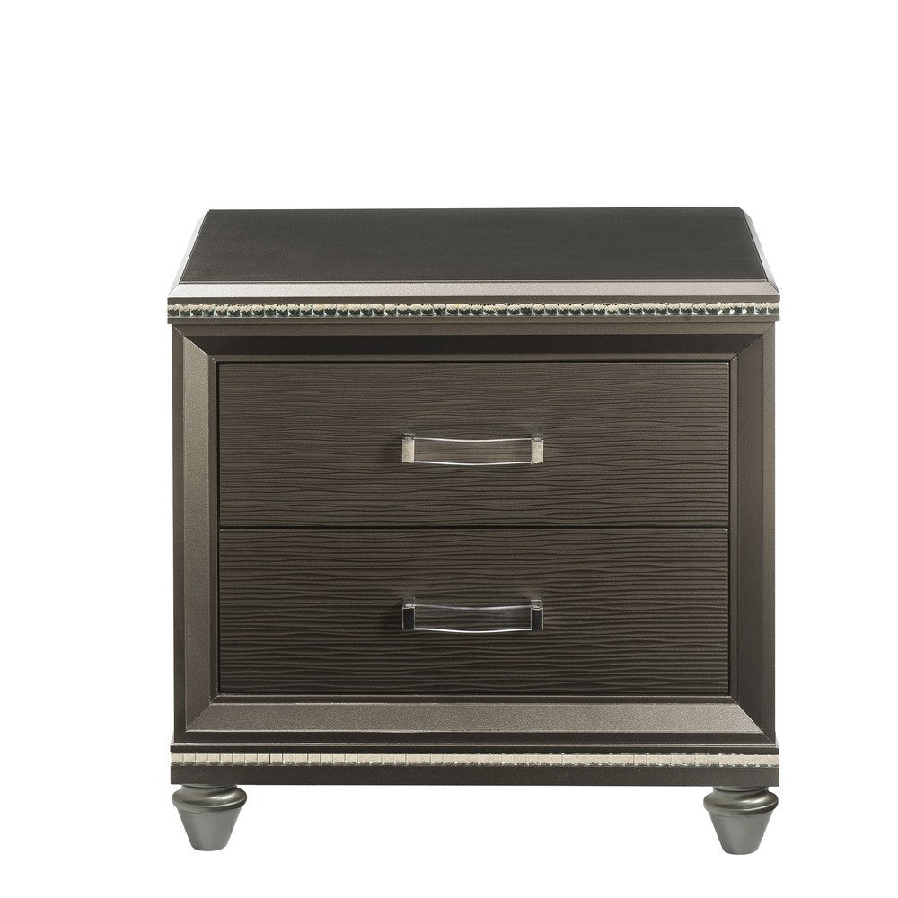 Contemporary 2 Drawer Wooden Nightstand with Mirror Trim Details Brown BM218515