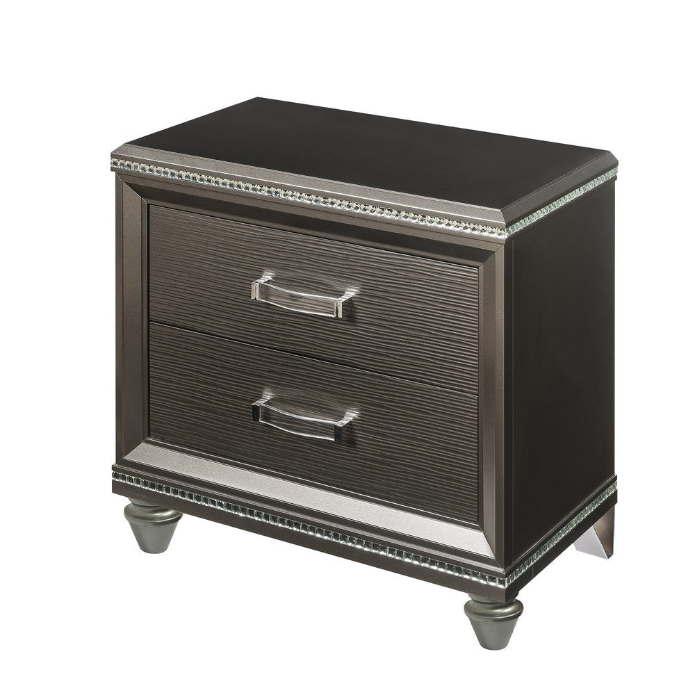 Contemporary 2 Drawer Wooden Nightstand with Mirror Trim Details Brown BM218515
