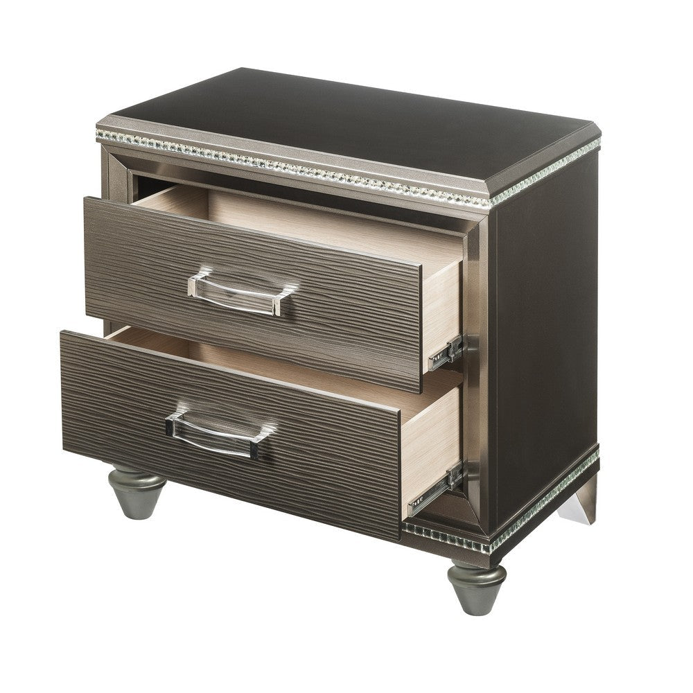 Contemporary 2 Drawer Wooden Nightstand with Mirror Trim Details Brown BM218515