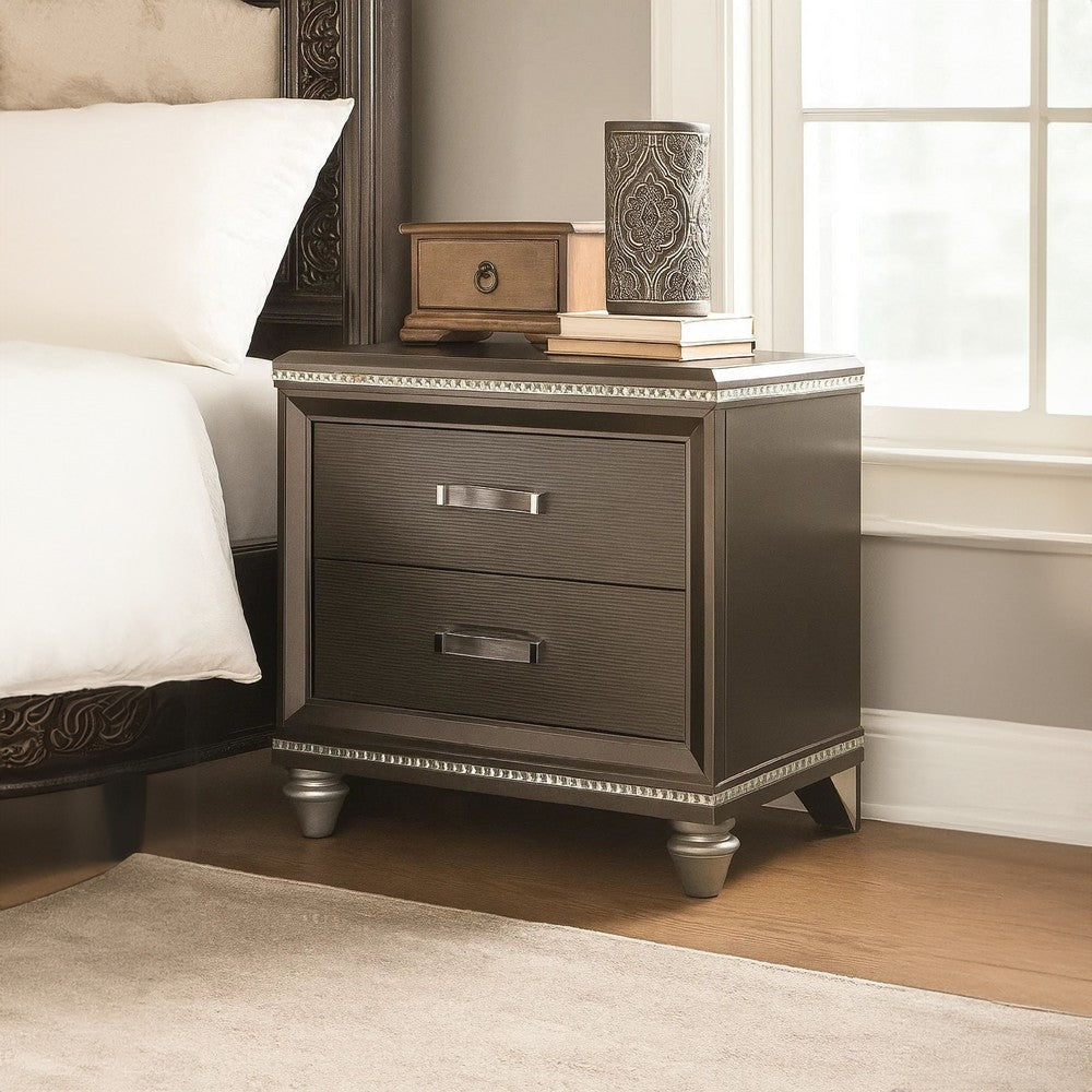 Contemporary 2 Drawer Wooden Nightstand with Mirror Trim Details Brown BM218515