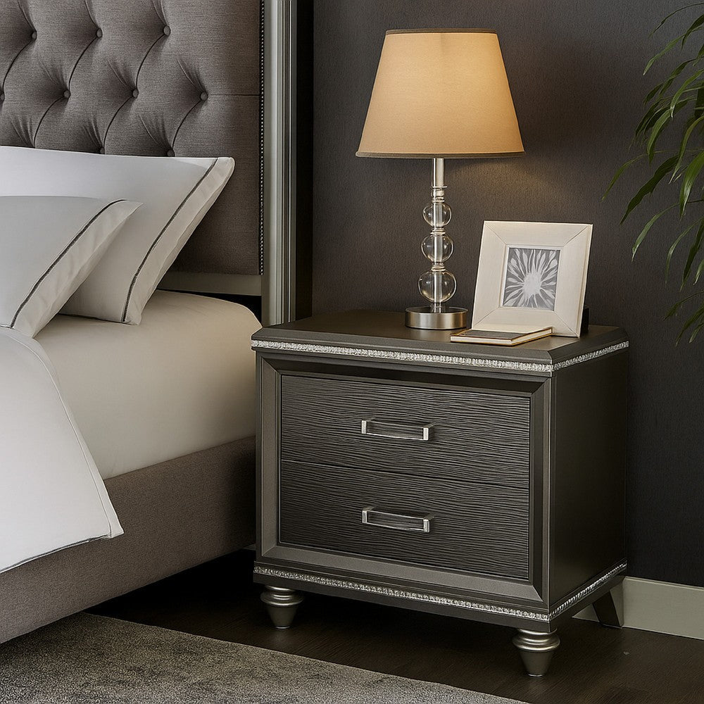 Contemporary 2 Drawer Wooden Nightstand with Mirror Trim Details Brown BM218515