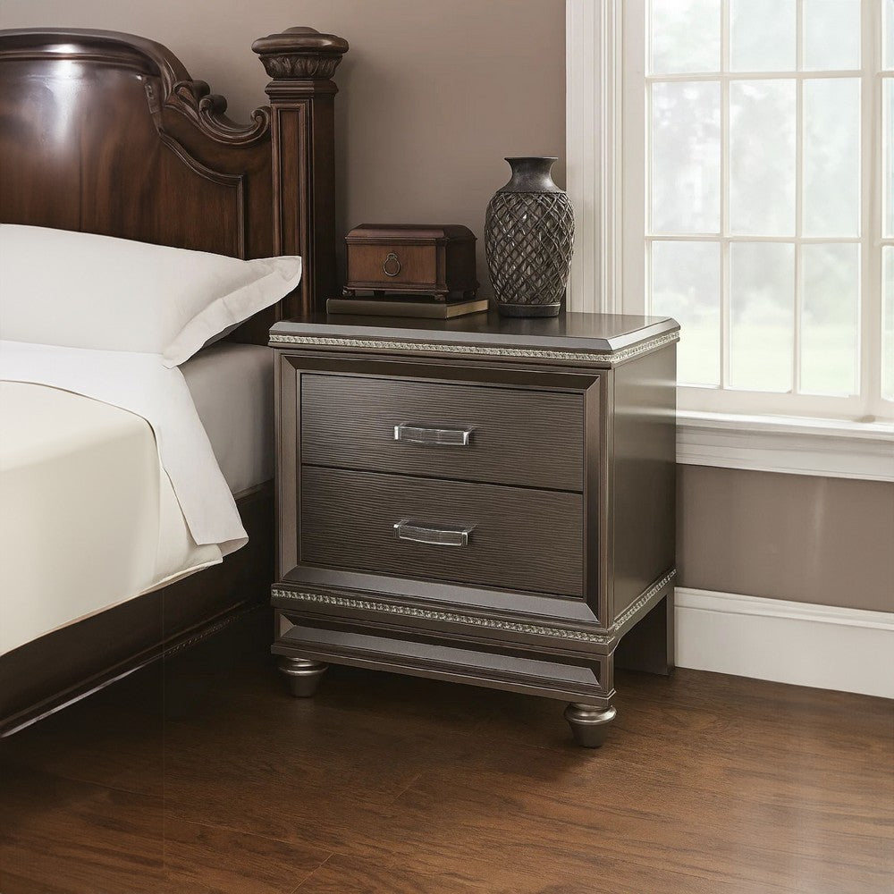 Contemporary 2 Drawer Wooden Nightstand with Mirror Trim Details, Brown
