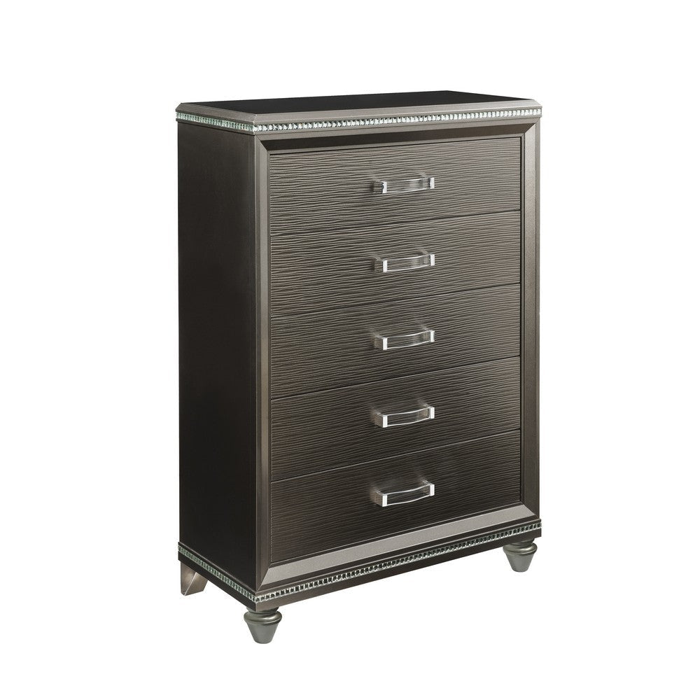 Contemporary 5 Drawer Wooden Chest with Mirror Trim Details, Brown