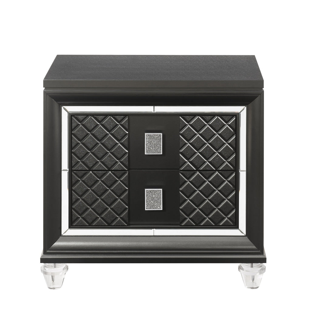 2 Drawer Wooden Nightstand with Mirror Accents and Diamond Pattern Black BM218518