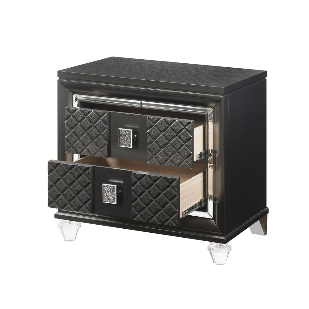 2 Drawer Wooden Nightstand with Mirror Accents and Diamond Pattern Black BM218518