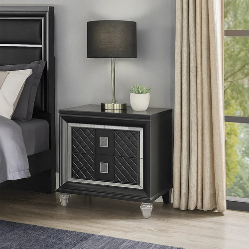 2 Drawer Wooden Nightstand with Mirror Accents and Diamond Pattern, Black
