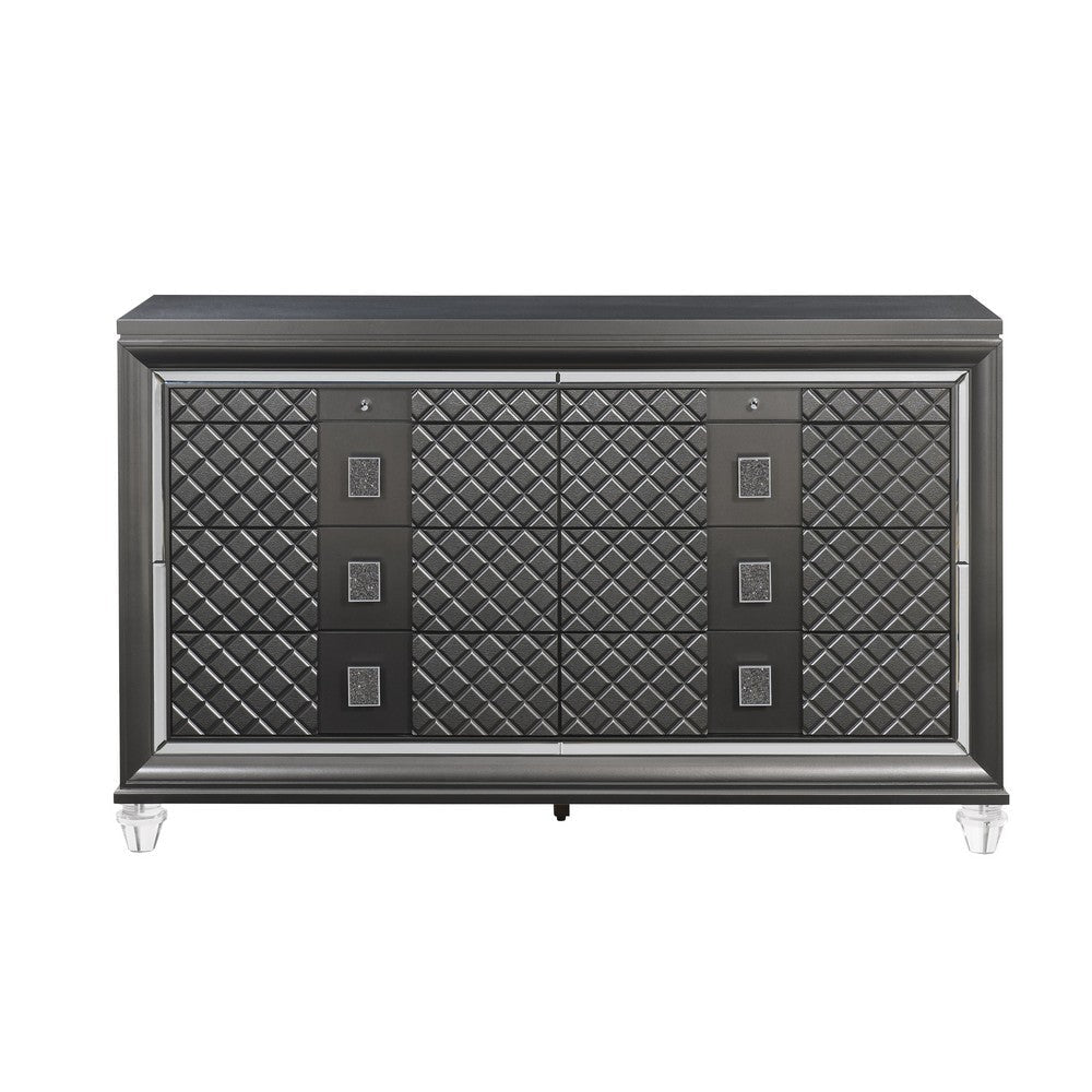 8 Drawer Wooden Dresser with Mirror Accents and Diamond Pattern Black BM218519