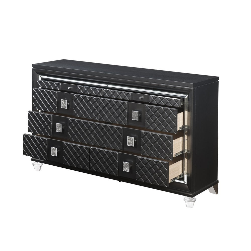 8 Drawer Wooden Dresser with Mirror Accents and Diamond Pattern Black BM218519
