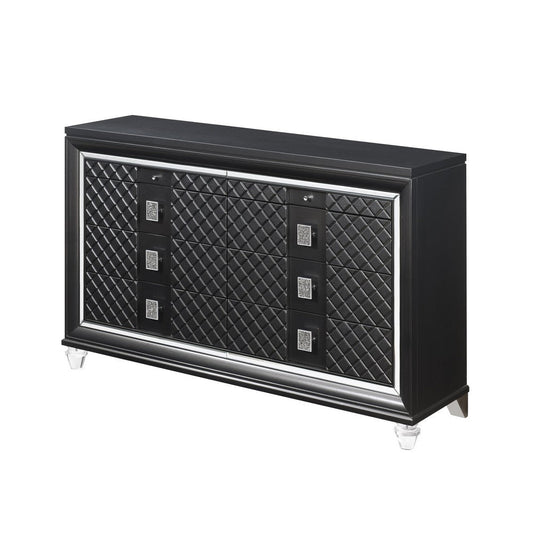 8 Drawer Wooden Dresser with Mirror Accents and Diamond Pattern, Black