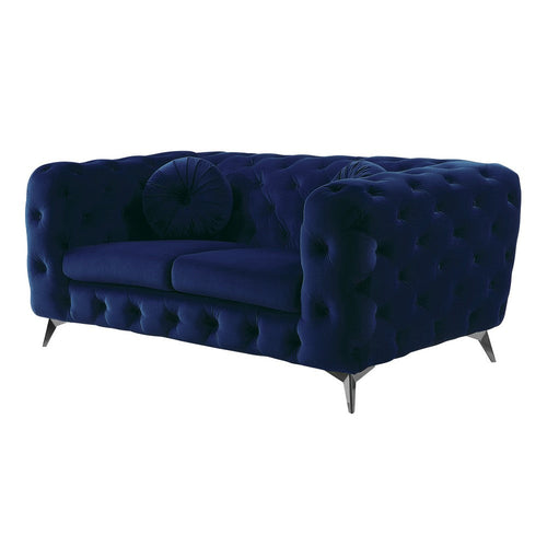 Fabric Loveseat with Chesterfield Design and Angled Metal Legs, Blue