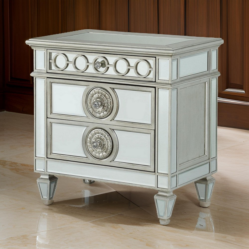 Mirror Accented Nightstand | Wood | 3 Storage Drawers | Silver