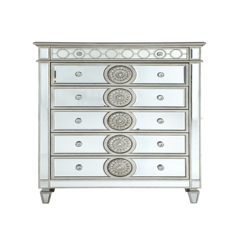 Mirror Accented Chest with 6 Sunburst Motif Storage Drawers Silver BM218539