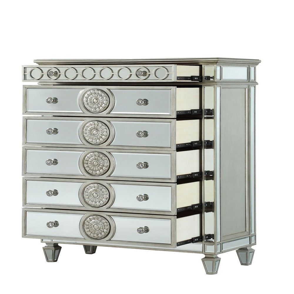 Mirror Accented Chest with 6 Sunburst Motif Storage Drawers Silver BM218539