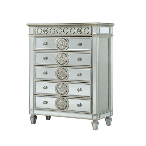 Mirror Accented Chest with 6 Sunburst Motif Storage Drawers, Silver