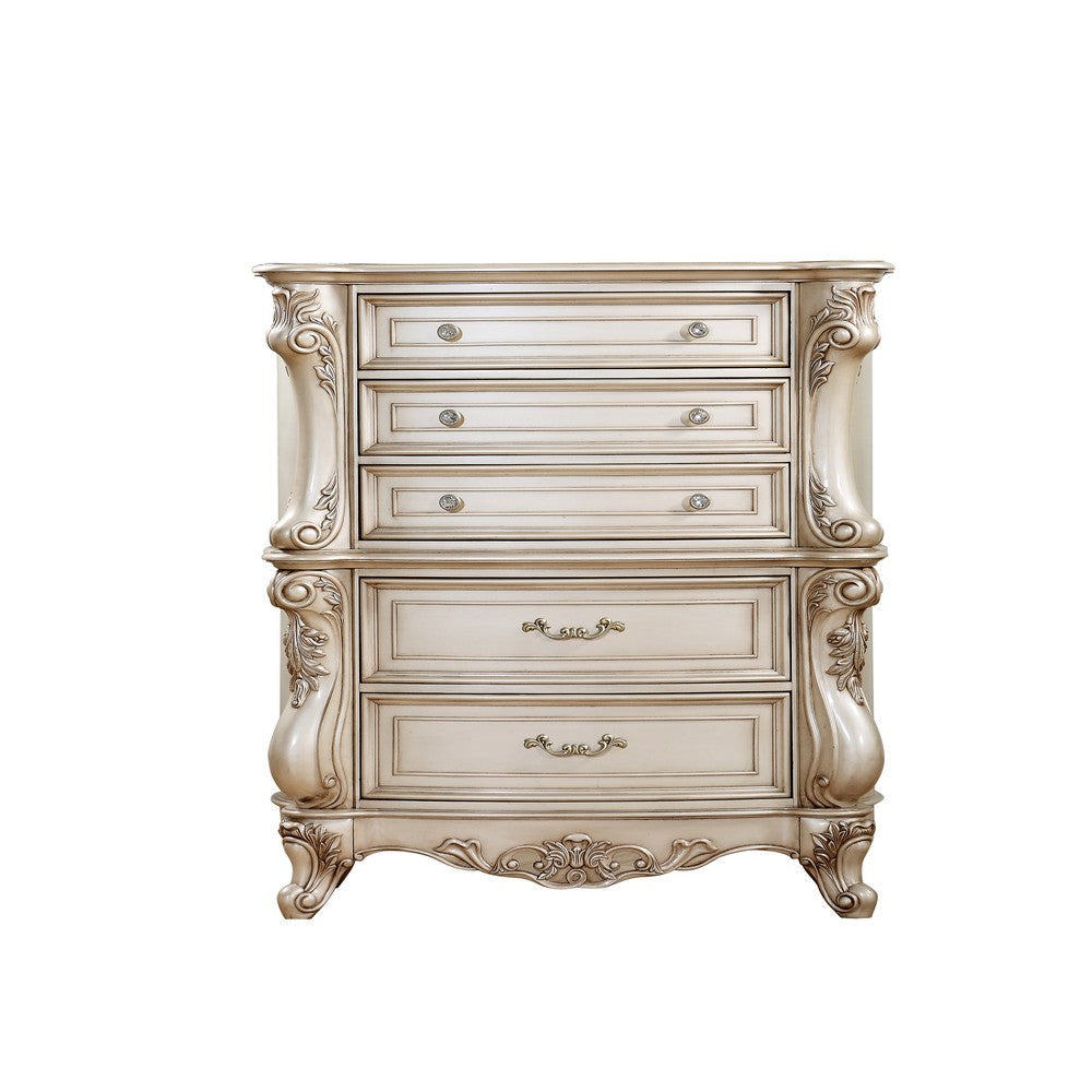 Carved Wooden Chest with 5 Storage Drawers and Marble Top Antique White BM218544