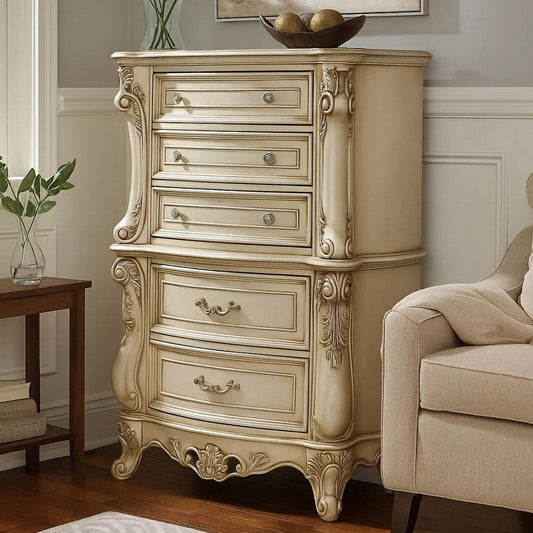 Carved Wooden Chest with 5 Storage Drawers and Marble Top, Antique White